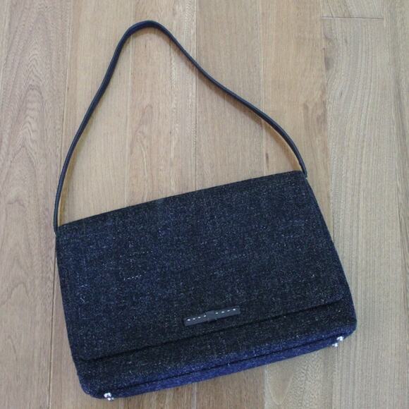Vintage Kate Spade Wool Shoulder‎ Bag Purse Leather Strap Charcoal Gray Black